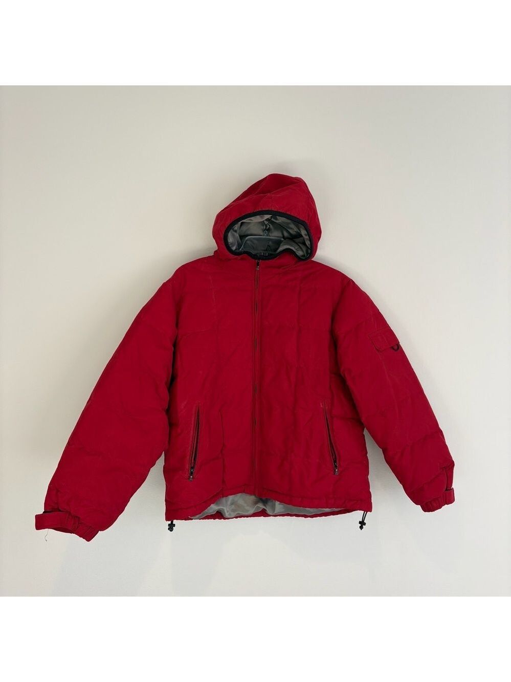 Vintage Eddie Bauer Red and Gray Goose Down Filled Hooded Puffer Jacket Size L